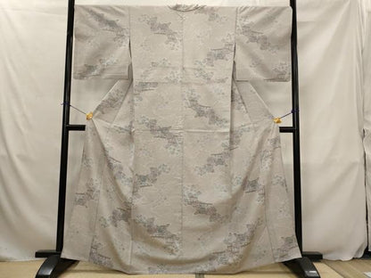 平和屋着物▽上質な紬　単衣　風景花文　正絹　逸品　AABJ5174st