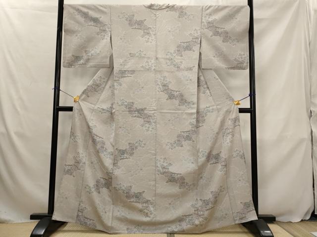 平和屋着物▽上質な紬　単衣　風景花文　正絹　逸品　AABJ5174st