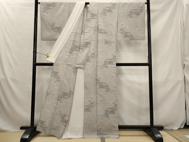 平和屋着物▽上質な紬　単衣　風景花文　正絹　逸品　AABJ5174st