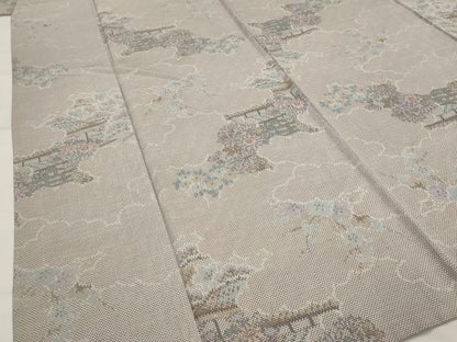 平和屋着物▽上質な紬　単衣　風景花文　正絹　逸品　AABJ5174st
