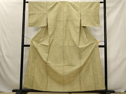 平和屋着物▽上質な紬　単衣　格子　正絹　逸品　AABJ5179st