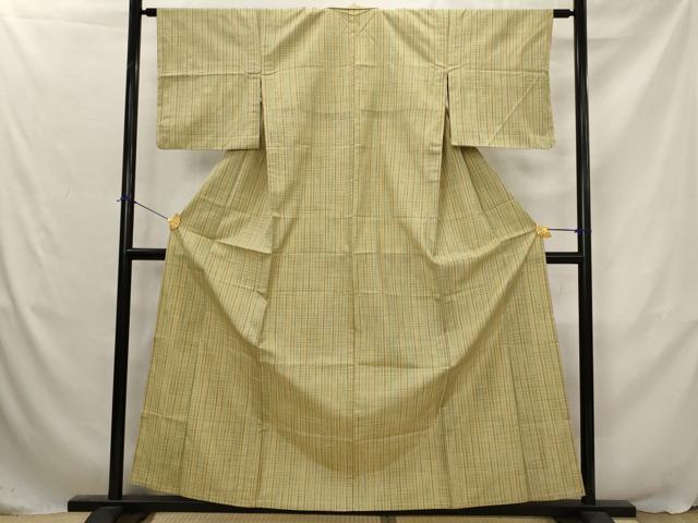 平和屋着物▽上質な紬　単衣　格子　正絹　逸品　AABJ5179st