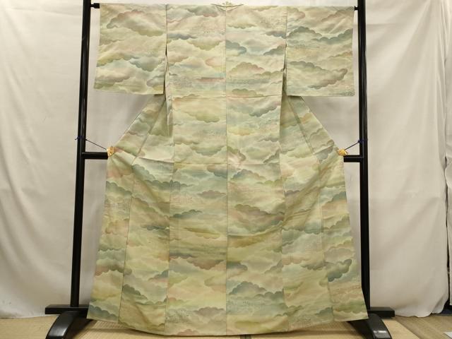 平和屋着物▽お召　単衣　雲取り風景文　正絹　逸品　AABJ5180st