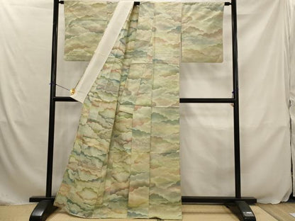 平和屋着物▽お召　単衣　雲取り風景文　正絹　逸品　AABJ5180st