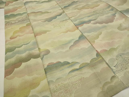 平和屋着物▽お召　単衣　雲取り風景文　正絹　逸品　AABJ5180st