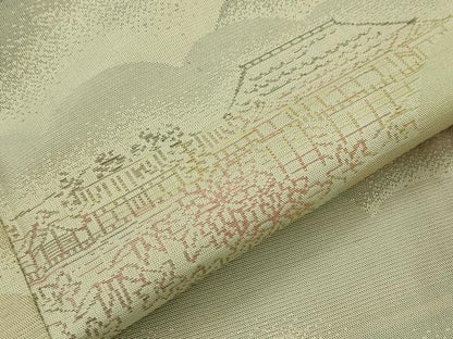平和屋着物▽お召　単衣　雲取り風景文　正絹　逸品　AABJ5180st