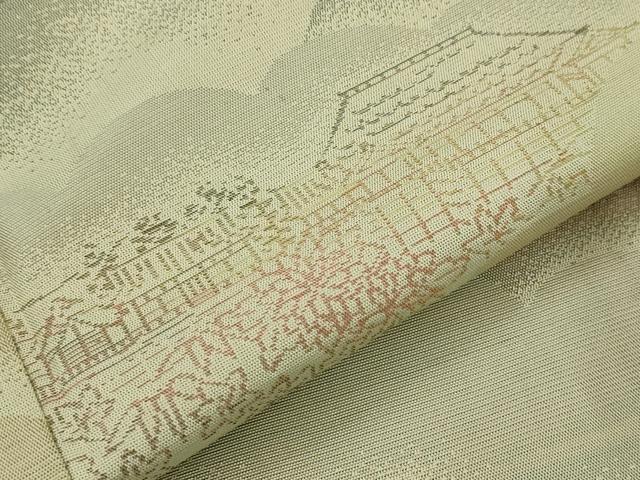 平和屋着物▽お召　単衣　雲取り風景文　正絹　逸品　AABJ5180st