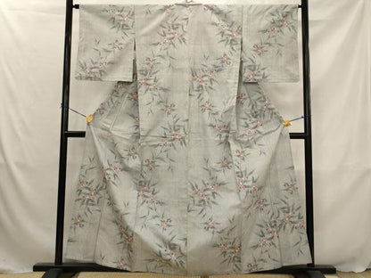 平和屋着物▽上質な紬　単衣　草花文　正絹　逸品　AABJ5182st