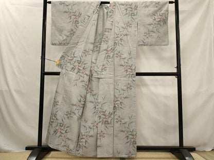平和屋着物▽上質な紬　単衣　草花文　正絹　逸品　AABJ5182st