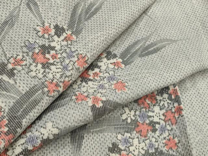 平和屋着物▽上質な紬　単衣　草花文　正絹　逸品　AABJ5182st