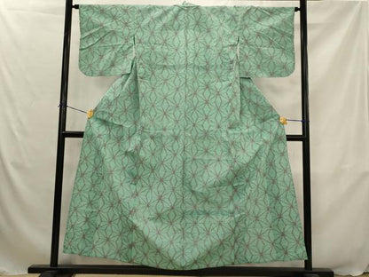 平和屋着物▽上質な紬　単衣　麻の葉文様　正絹　逸品　AABJ5183st