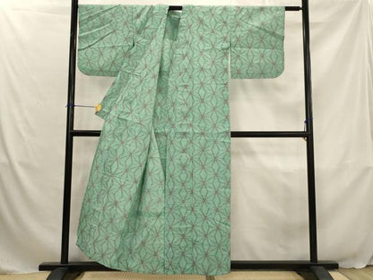 平和屋着物▽上質な紬　単衣　麻の葉文様　正絹　逸品　AABJ5183st