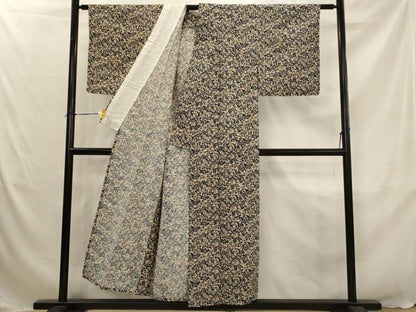 平和屋着物▽上質な小紋　単衣　型染め　枝花文　正絹　逸品　AABJ5184st