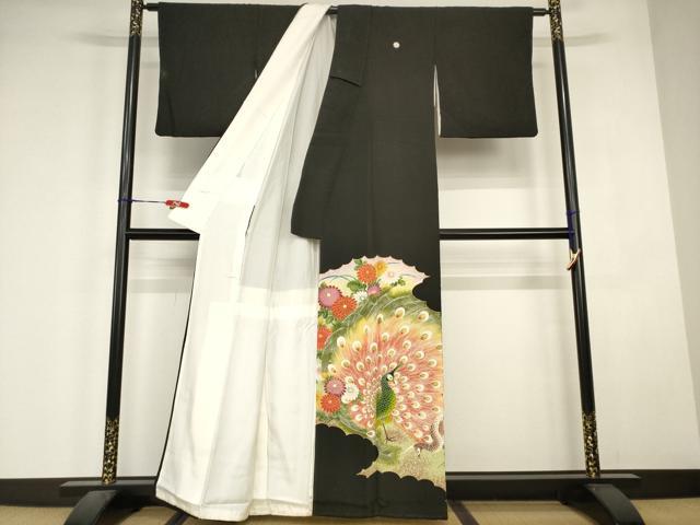 平和屋着物■豪華黒留袖　刺繍　雲取り孔雀花文　金彩　金糸　正絹　逸品　AABJ5233br