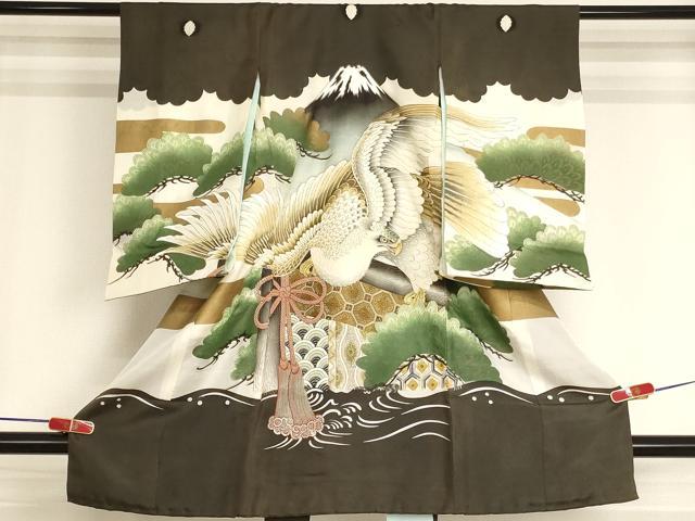 平和屋着物[]お宮参り　男の子　祝着　産着　初着　のしめ　刺繍　鷹　富士山　松　金糸　金彩　逸品　AABJ5243ja