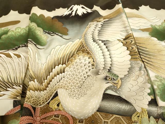 平和屋着物[]お宮参り　男の子　祝着　産着　初着　のしめ　刺繍　鷹　富士山　松　金糸　金彩　逸品　AABJ5243ja