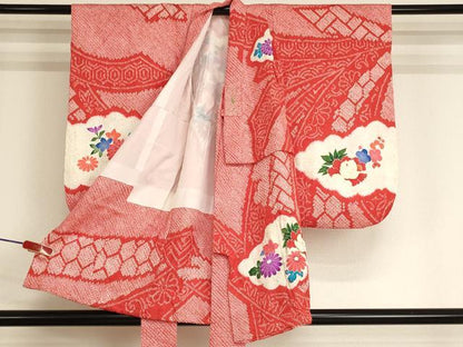 平和屋着物[]七五三　女の子　３歳　祝着　一つ身　長襦袢（袷・半衿刺繍）セット　絞り　花車文　金彩　逸品　AABJ5244ja