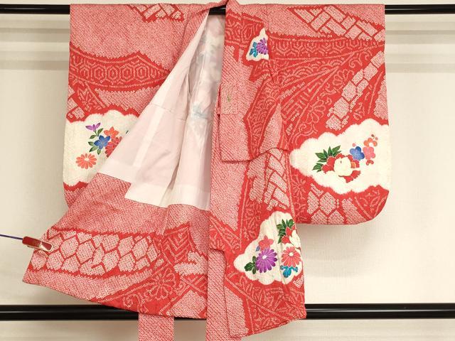 平和屋着物[]七五三　女の子　３歳　祝着　一つ身　長襦袢（袷・半衿刺繍）セット　絞り　花車文　金彩　逸品　AABJ5244ja