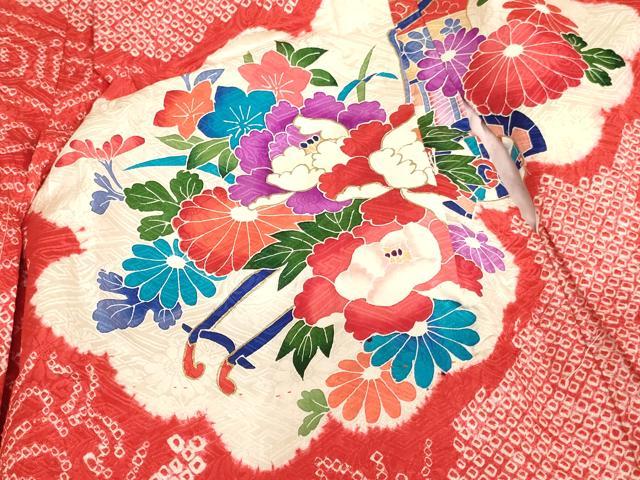 平和屋着物[]七五三　女の子　３歳　祝着　一つ身　長襦袢（袷・半衿刺繍）セット　絞り　花車文　金彩　逸品　AABJ5244ja
