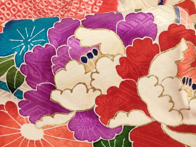 平和屋着物[]七五三　女の子　３歳　祝着　一つ身　長襦袢（袷・半衿刺繍）セット　絞り　花車文　金彩　逸品　AABJ5244ja