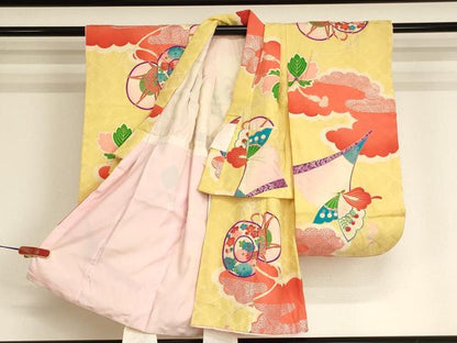 平和屋着物[]七五三　女の子　３歳　祝着　三つ身　舞蝶鼓文　金銀彩　逸品　AABJ5245ja