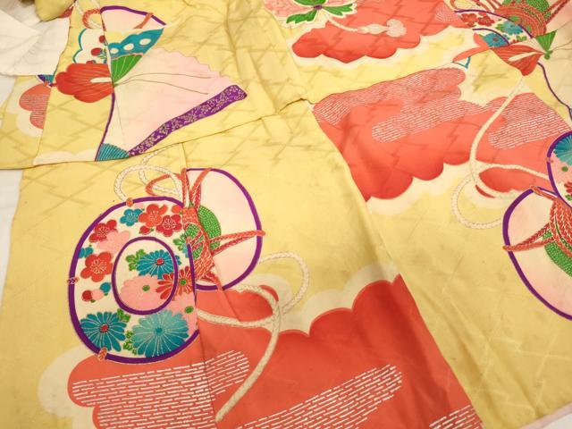 平和屋着物[]七五三　女の子　３歳　祝着　三つ身　舞蝶鼓文　金銀彩　逸品　AABJ5245ja