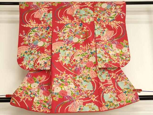 平和屋着物[]アンティーク　大正ロマン　七五三　女の子　３歳　祝着　一つ身　扇面風景花文　逸品　AABJ5254ja