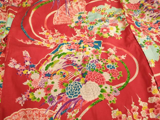 平和屋着物[]アンティーク　大正ロマン　七五三　女の子　３歳　祝着　一つ身　扇面風景花文　逸品　AABJ5254ja