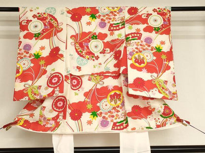 平和屋着物[]アンティーク　大正ロマン　七五三　女の子　３歳　祝着　一つ身　檜扇花丸文　金彩　逸品　AABJ5256ja