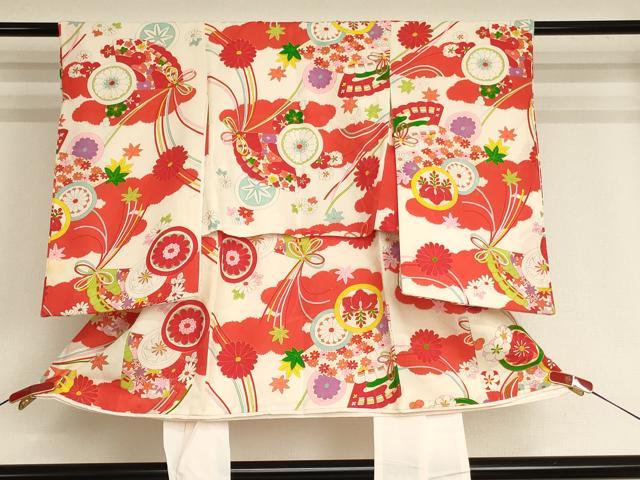 平和屋着物[]アンティーク　大正ロマン　七五三　女の子　３歳　祝着　一つ身　檜扇花丸文　金彩　逸品　AABJ5256ja