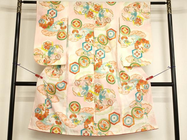 平和屋着物[]七五三　女の子　７歳　祝着　四つ身　花蝶丸文　暈し染め　金彩　洗える着物　AABJ5261ja