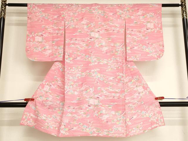 平和屋着物[]七五三　女の子　３歳　祝着　三つ身　単衣　雲取り風景花文　洗える着物　AABJ5262ja