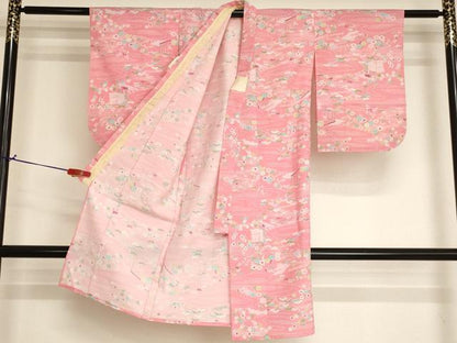 平和屋着物[]七五三　女の子　３歳　祝着　三つ身　単衣　雲取り風景花文　洗える着物　AABJ5262ja