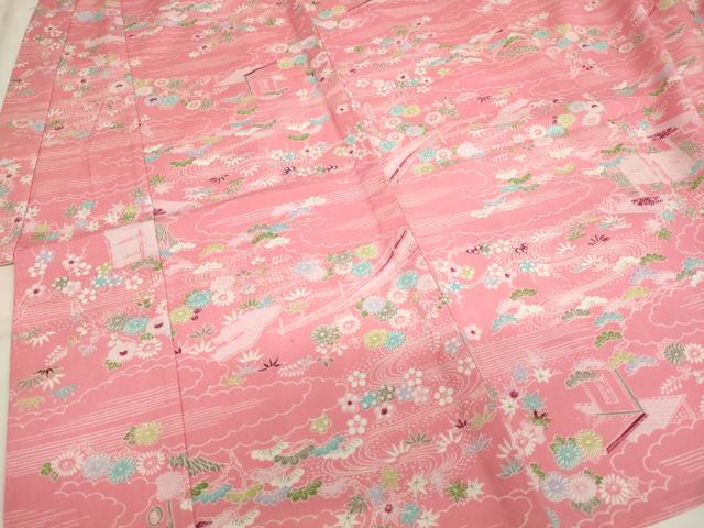 平和屋着物[]七五三　女の子　３歳　祝着　三つ身　単衣　雲取り風景花文　洗える着物　AABJ5262ja