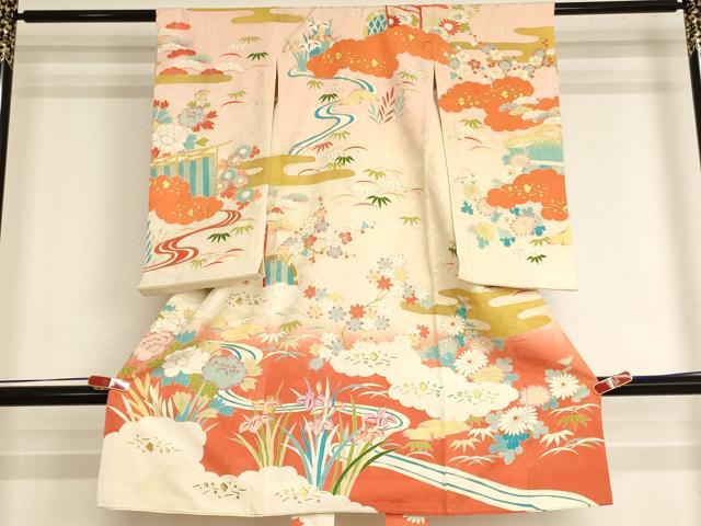 平和屋着物[]お宮参り　女の子　祝着　産着　初着　のしめ　刺繍　雲重ね風景花文　暈し染め　金糸　金彩　逸品　AABJ5263ja