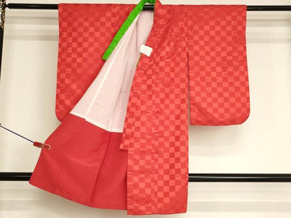 平和屋着物[]七五三　女の子　３歳　祝着　三つ身　市松地紋　赤色　AABJ5265ja