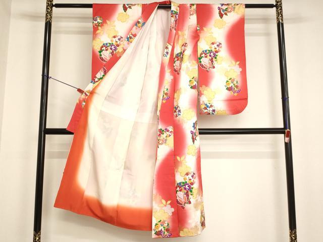 平和屋着物[]七五三　女の子　７歳　祝着　四つ身　花蝶丸文　暈し染め　金彩　洗える着物　AABJ5267ja