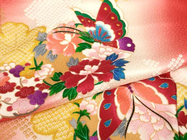 平和屋着物[]七五三　女の子　７歳　祝着　四つ身　花蝶丸文　暈し染め　金彩　洗える着物　AABJ5267ja