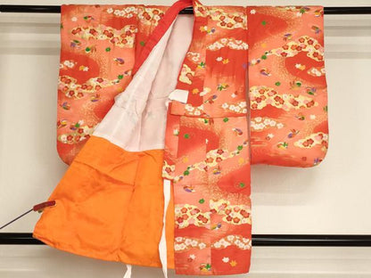 平和屋着物[]七五三　女の子　３歳　祝着　三つ身　長襦袢・被布セット　ぎおん　雲取り鴛鴦花文　暈し染め　金彩　AABJ5271ja