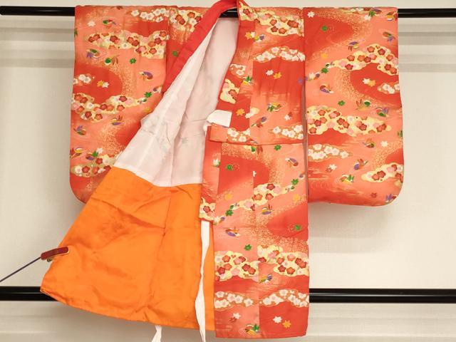 平和屋着物[]七五三　女の子　３歳　祝着　三つ身　長襦袢・被布セット　ぎおん　雲取り鴛鴦花文　暈し染め　金彩　AABJ5271ja