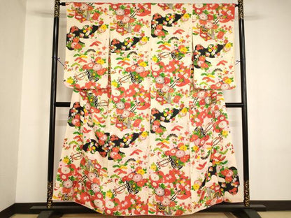 平和屋着物■アンティーク　大正ロマン　小紋　御所車花文　金彩　正絹　逸品　AABJ5276ja