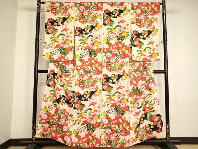 平和屋着物■アンティーク　大正ロマン　小紋　御所車花文　金彩　正絹　逸品　AABJ5276ja