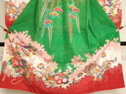 平和屋着物[]七五三　女の子　７歳　祝着　四つ身　地紙花車文　金彩　AABJ5278ja