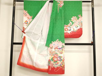 平和屋着物[]七五三　女の子　７歳　祝着　四つ身　地紙花車文　金彩　AABJ5278ja