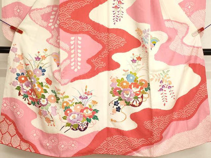 平和屋着物[]七五三　女の子　７歳　祝着　四つ身　絞り　花車文　金彩　逸品　AABJ5280ja
