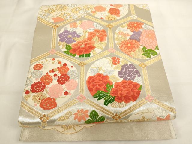 平和屋着物∵女の子　子供　全通柄袋帯　唐織　亀甲花丸文　金銀糸　逸品　AABJ5285ja