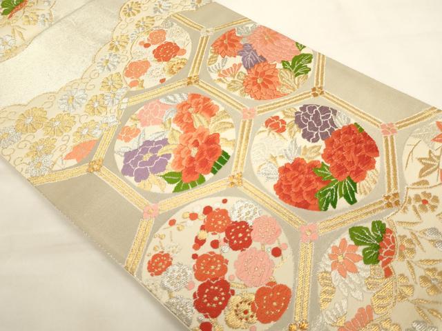 平和屋着物∵女の子　子供　全通柄袋帯　唐織　亀甲花丸文　金銀糸　逸品　AABJ5285ja