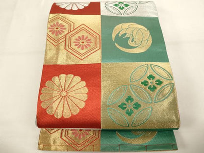 平和屋着物[]女の子 子供 丸帯 市松飛鶴花文 金銀糸 逸品 未使用 AABJ5289ja