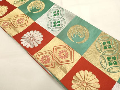 平和屋着物[]女の子 子供 丸帯 市松飛鶴花文 金銀糸 逸品 未使用 AABJ5289ja