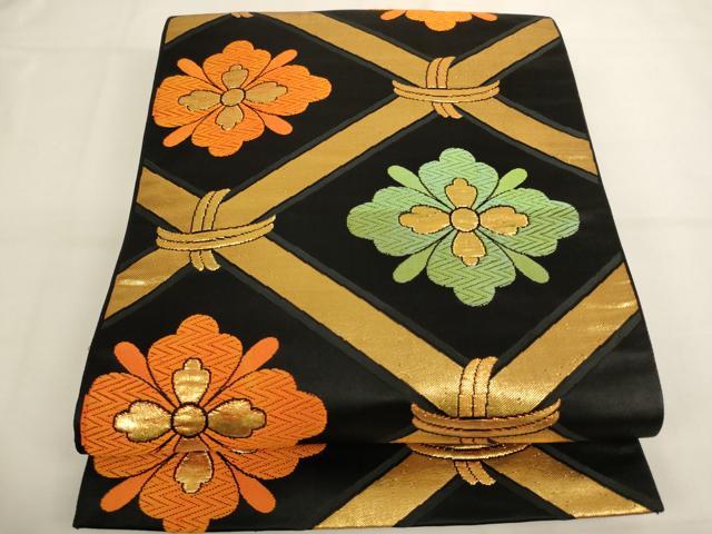 平和屋着物[]女の子 子供 全通柄袋帯 唐織 花菱文 黒地 金糸 逸品 AABJ5290ja